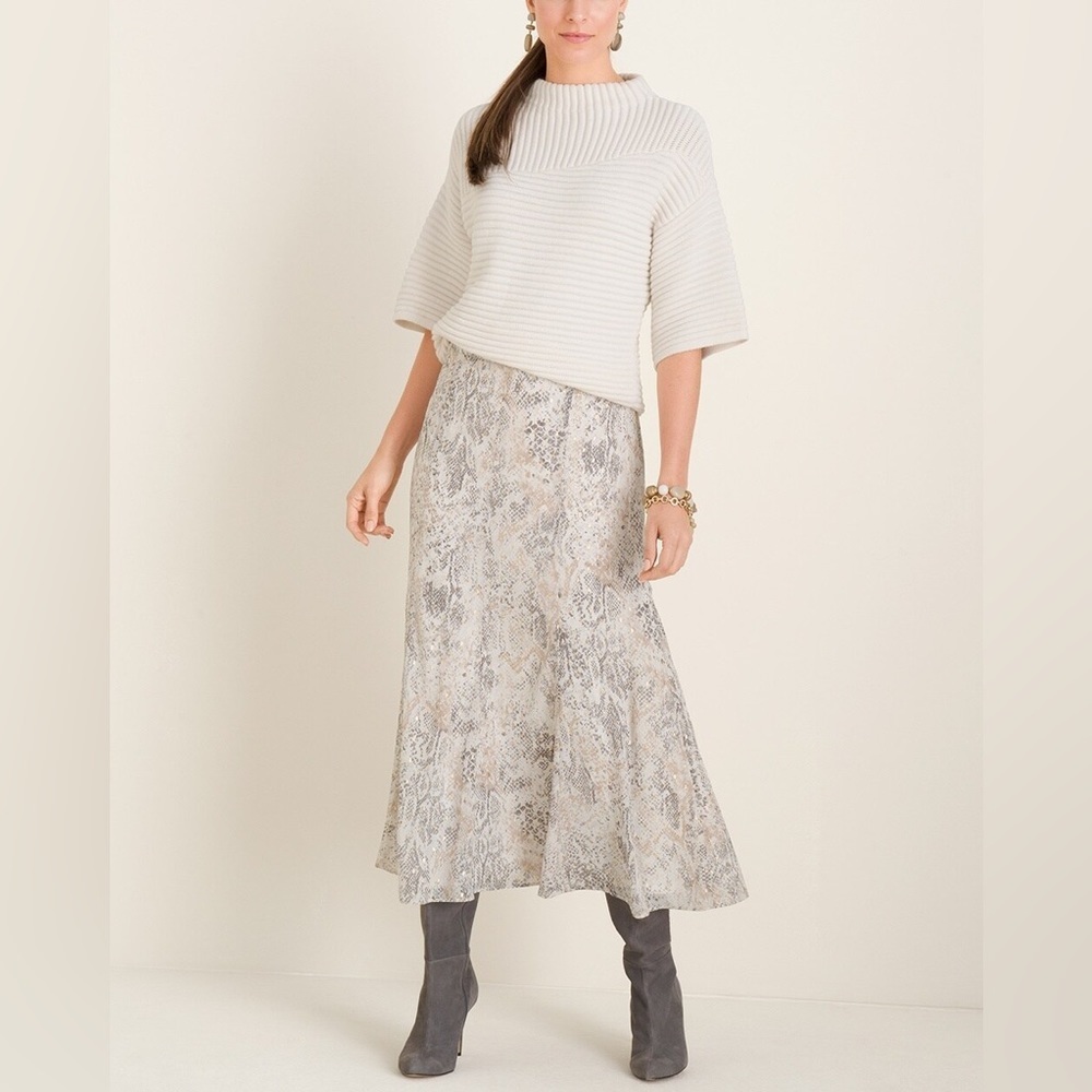 Chico's Neutral Snake-Print Midi Skirt in Beige and Gray